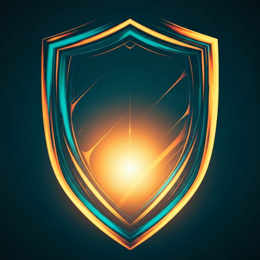 Protective shield-like abstract form in deep teal and amber, symbolizing strength and vulnerability coexisting