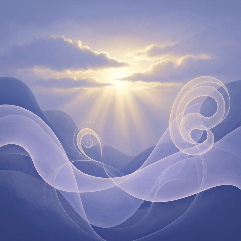 Ethereal artwork with soft lavender tones and gentle golden light breaking through, representing grief and finding meaning