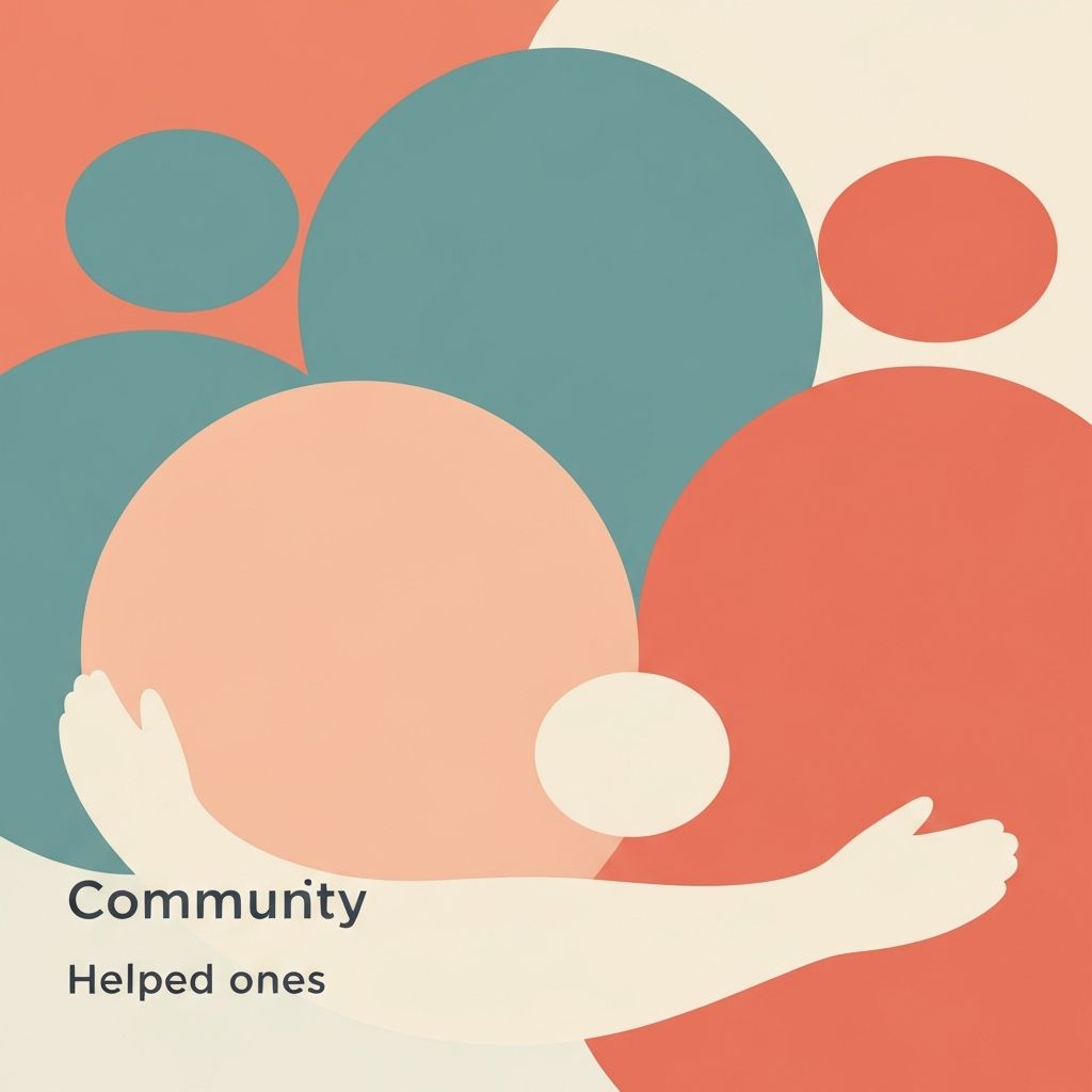 Warm interconnected circular shapes in teal and coral representing community support and helping loved ones
