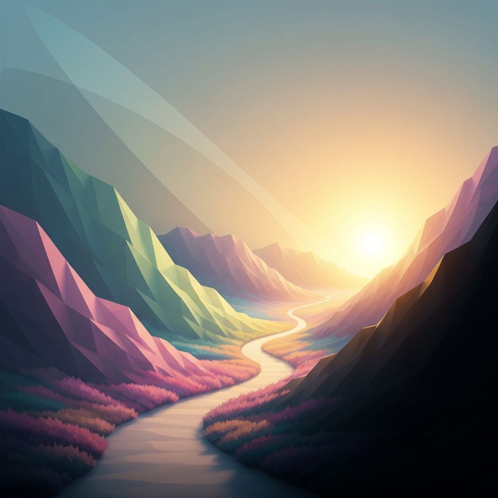 Abstract watercolor artwork showing a winding path through soft landscape leading toward bright horizon, representing personal healing journey