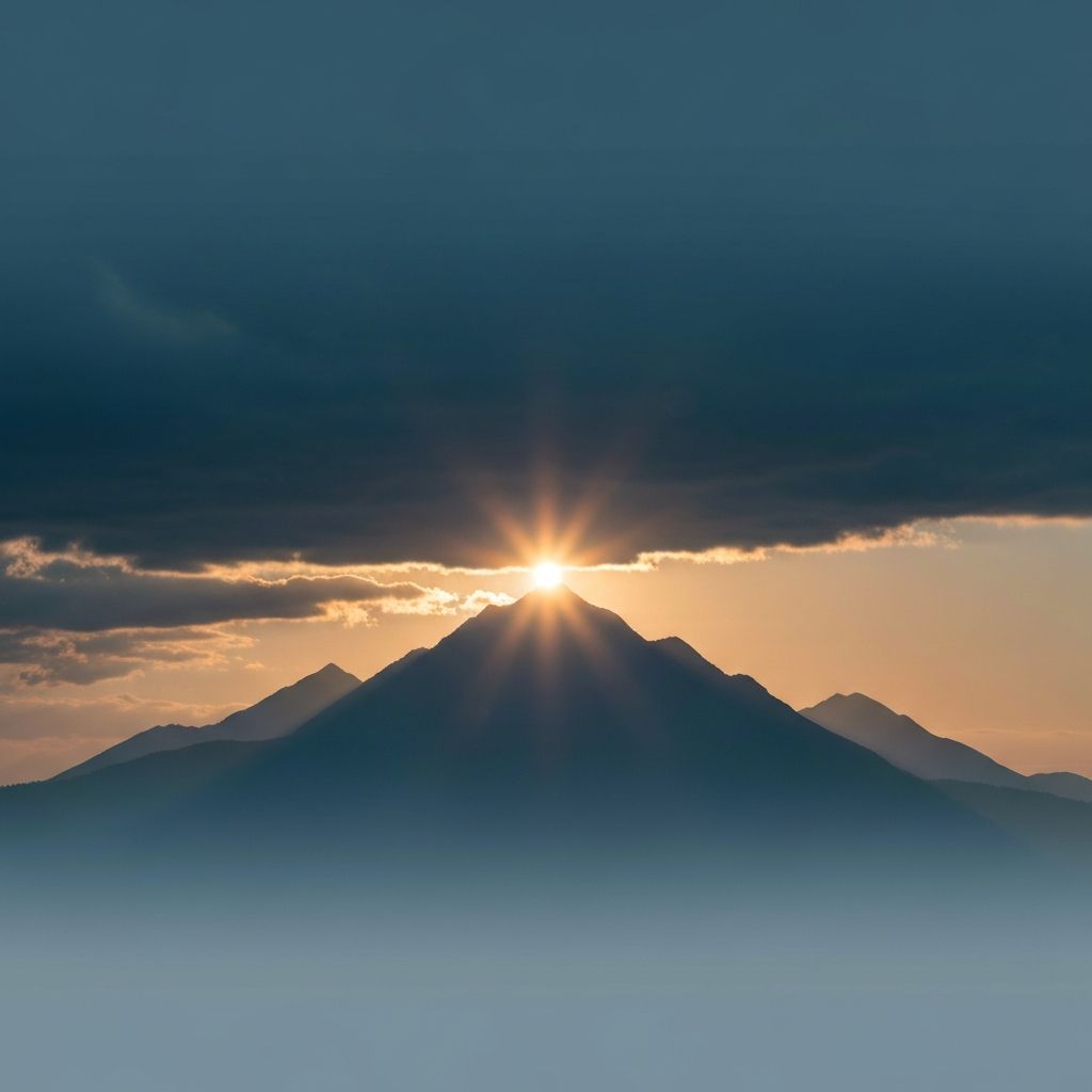 Abstract artwork with mountain silhouettes and sunrise breaking through, symbolizing strength and resilience in PTSD recovery