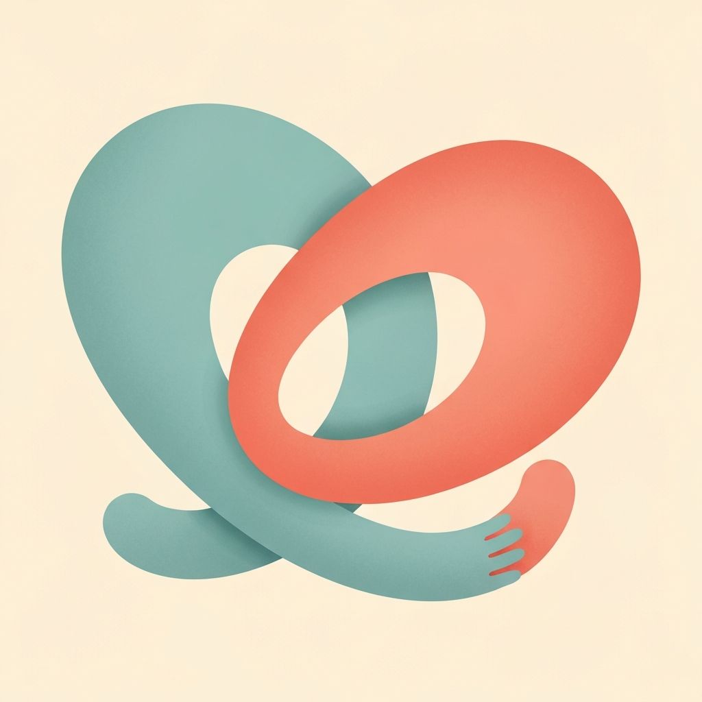 Abstract artwork with two intertwined organic shapes in soft teal and coral colors, representing supportive partnership
